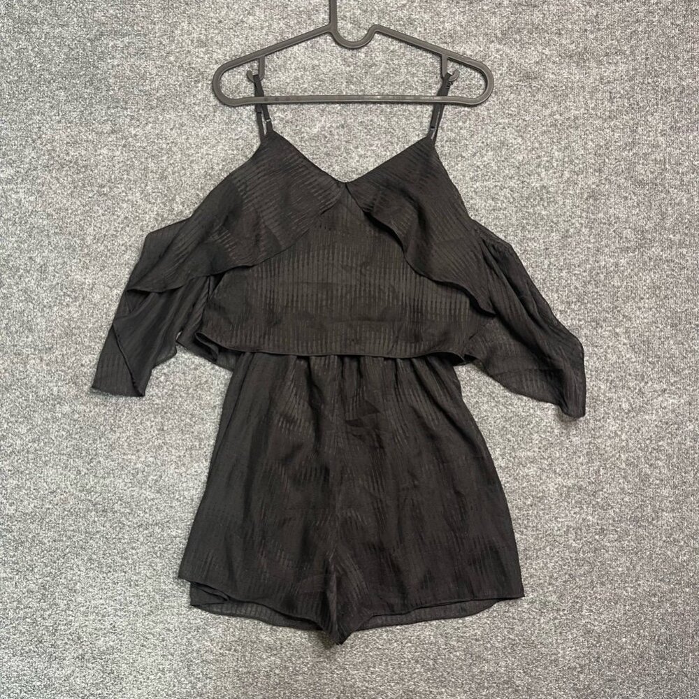 Leith Womens Romper Black Geometric Stripe Cold Shoulder V Neck Tie Front S - Picture 3 of 5